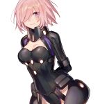  1girl armor armored_leotard arms_behind_back bangs black_armor black_leotard breasts chocoan commentary fate/grand_order fate_(series) hair_over_one_eye highleg highleg_leotard highres large_breasts leotard light_purple_hair looking_at_viewer mash_kyrielight ortenaus short_hair smile solo violet_eyes 