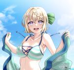  1girl bikini blonde_hair blue_sky braid braided_bangs braided_bun breasts clouds collarbone kantai_collection large_breasts looking_at_viewer official_alternate_costume perth_(kancolle) sky solo striped striped_bikini swimsuit tk8d32 upper_body violet_eyes 
