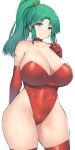  1girl breasts elbow_gloves final_fantasy final_fantasy_vi gloves green_hair highleg highleg_leotard large_breasts leotard looking_at_viewer nagase_haruhito red_gloves red_leotard simple_background smile solo strapless strapless_leotard thigh-highs thighs tina_branford 