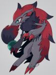  claws closed_mouth commentary_request full_body gen_5_pokemon green_eyes grey_background hair_bobbles hair_ornament no_humans pokemon pokemon_(creature) shiny shiny_hair signature simple_background smile solo tied_hair uru_(ururu0731) zoroark 