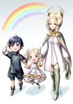  1boy 2girls blonde_hair blue_eyes blue_hair child chrom_(fire_emblem) emmeryn_(fire_emblem) holding_hands lissa_(fire_emblem) onikagura pigtails rainbow twin_drills walking white_dress 