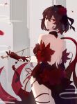  1girl absurdres bangs bare_shoulders china_dress chinese_clothes dress flower gloves grin hair_between_eyes hair_flower hair_ornament highres holding honkai_(series) honkai_impact_3rd kiseru looking_at_viewer looking_back petals pipe red_dress red_eyes red_flower red_gloves red_rose redhead rose seele_(alter_ego) seele_vollerei seele_vollerei_(stygian_nymph) short_hair silence_(pixiv18541142) sleeveless smile smoke smoking solo teeth 