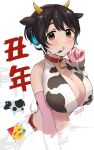  1girl 2021 :o animal_ears animal_print bangs bare_shoulders blush breasts brown_eyes brown_hair collar collarbone commentary_request cow cow_ears cow_horns cow_print cropped_torso elbow_gloves emoji gloves hand_up headset highres horns idolmaster idolmaster_cinderella_girls large_breasts looking_at_viewer navel oikawa_shizuku open_mouth red_collar short_hair smile solo stomach translation_request yuzuhota0313 