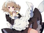  1girl :o absurdres apron blush bow bowtie brown_hair hair_bow highres ikeuchi_tanuma long_sleeves looking_at_viewer maid maid_headdress original red_eyes short_hair simple_background solo thighs tino_(ikeuchi_tanuma) white_apron white_background yellow_bow yellow_neckwear 