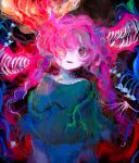  1girl abstract abstract_background braid flower green_shirt hair_over_one_eye highres messy_hair monster monster_girl neon_palette original parted_lips pink_hair psychedelic sharp_teeth shirt solo surreal tabmur teeth twin_braids upper_body 