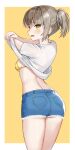  1girl absurdres ass back bikini blue_shorts boku_no_kanojo_wa_ningyohime!? breasts brown_hair cowboy_shot cutoffs denim denim_shorts from_behind frown highres hyoin long_hair looking_at_viewer looking_back micro_shorts open_mouth ponytail rin_(boku_no_kanojo_wa_ningyohime!?) shirt short_sleeves shorts small_breasts solo string_bikini swimsuit talesshop thighs undressing white_shirt yellow_bikini yellow_eyes 