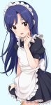  1girl apron black_dress blue_background blue_hair blush brown_hair cowboy_shot dress hand_up highres idolmaster idolmaster_(classic) idolmaster_million_live! idolmaster_million_live!_theater_days inuyama_nanami kisaragi_chihaya long_hair looking_at_viewer parted_lips puffy_short_sleeves puffy_sleeves short_sleeves simple_background solo thigh-highs white_apron yellow_legwear 