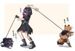  3girls animal_ears arknights black_dress black_hair blush boots brown_coat brown_footwear brown_hair chibi chinese_commentary chinese_text clothing_cutout coat dog_ears dog_girl dog_tail dog_walking dress eye_mask fang grey_footwear highres hood hood_up horns_through_hood lava_(arknights) lava_the_purgatory_(arknights) leash leash_pull long_hair lying mabing multiple_girls on_side open_mouth pants photo-referenced pointing purple_hair purple_pants red_eyes running saga_(arknights) shadow shiba_inu sparkle sweatdrop tail thigh-highs thigh_boots white_legwear 