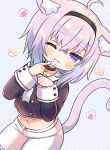  1girl :3 ahoge animal_collar animal_ears cat_ears cat_girl cat_tail collar food hairband heart highres hololive leaning_forward marshmallow_mille midriff navel nekomata_okayu one_eye_closed onigiri purple_hair sailor_collar shorts smile solo striped striped_background tail violet_eyes virtual_youtuber white_shorts 