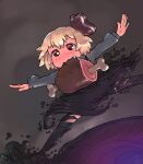  1girl black_dress blonde_hair boned_meat commentary_request darkness dress fang fang_out food food_in_mouth freckles full_body grey_background hair_ribbon long_sleeves meat mouth_hold outstretched_arms red_eyes red_ribbon ribbon rumia shirt short_hair solo spread_arms touhou white_shirt yst 