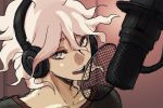  1boy :d bangs brown_background collarbone dangan_ronpa_(series) dangan_ronpa_2:_goodbye_despair english_commentary grey_eyes grey_hair hair_between_eyes headphones komaeda_nagito looking_at_viewer male_focus messy_hair microphone open_mouth shirt short_hair simple_background smile solo upper_teeth yandr4hope 