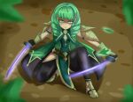  1girl black_legwear crouching fire_emblem:_three_houses flayn_(fire_emblem) green_eyes green_hair stare sword twin_drills 