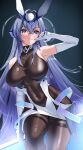  1girl :3 absurdres arm_support arm_up armpits azur_lane bangs bare_shoulders blue_background blue_eyes blue_hair blush bodystocking breasts closed_mouth commentary covered_collarbone covered_navel cowboy_shot crossed_bangs dress elbow_gloves eyebrows_visible_through_hair gloves groin hair_between_eyes hair_intakes headgear highres large_breasts long_hair looking_at_viewer marumai new_jersey_(azur_lane) side_cutout sidelocks simple_background sitting sleeveless smile solo taut_clothes very_long_hair white_dress white_gloves 