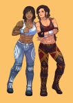  2girls abs absurdres asami_sato avatar_(series) bangs belt black_footwear blue_eyes blue_hair blue_pants blue_shirt blue_wristband breasts brown_footwear cirenk dark_skin elbow_pads full_body green_eyes halter_top halterneck highres korra medium_breasts medium_hair midriff multicolored multicolored_clothes multiple_girls muscular muscular_female navel pants shin_guards shirt shoulder_tattoo sidelocks swept_bangs tan tattoo white_wristband yellow_background 