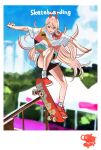  +_+ 1girl 2020_summer_olympics alternate_costume black_shorts blonde_hair blue_sky blurry blurry_background chainsaw_man clouds cloudy_sky commentary copyright_name day demon_horns english_text full_body hair_between_eyes highres horns jumping long_hair looking_down multicolored_shirt nike outdoors outstretched_arms parted_lips pochita_(chainsaw_man) power_(chainsaw_man) product_placement railing red_eyes red_footwear ryosuketarou sharp_teeth shirt shoes short_shorts short_sleeves shorts skateboard skateboarding sky socks solo t-shirt teeth translated white_legwear white_shirt 