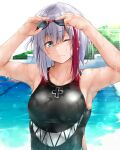  admiral_graf_spee_(azur_lane) alternate_costume azur_lane bangs blue_eyes breasts closed_mouth commentary_request competition_swimsuit day eyebrows_visible_through_hair frown goggles goggles_on_head head_tilt highres iron_cross looking_at_viewer multicolored_hair one-piece_swimsuit one_eye_closed oriue_wato outdoors pool redhead short_hair sidelocks silver_hair small_breasts streaked_hair sunlight swimsuit two-tone_hair wet 