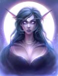  1girl alisa_nilsen elf facial_mark forehead_jewel full_moon green_hair highres long_eyelashes long_hair looking_at_viewer moon night_elf parted_lips pink_hair pink_lips pointy_ears purple_lips signature solo upper_body violet_eyes warcraft world_of_warcraft 