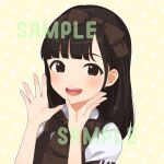  1girl :d blush bow bowtie brown_bow brown_eyes brown_hair brown_neckwear brown_vest copyright_request hands_up inuyama_nanami long_hair looking_at_viewer open_mouth puffy_short_sleeves puffy_sleeves round_teeth short_sleeves smile solo teeth upper_body upper_teeth vest watermark 