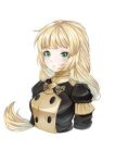 1girl bangs black_jacket blonde_hair blush breasts commentary cropped_torso eyebrows_visible_through_hair fire_emblem fire_emblem:_three_houses garreg_mach_monastery_uniform green_eyes highres ingrid_brandl_galatea jacket juliet_sleeves long_hair long_sleeves looking_at_viewer parted_lips puffy_sleeves simple_background small_breasts smkittykat solo upper_body white_background 