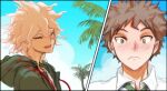  2boys :d bangs blush brown_hair closed_eyes collared_shirt commentary dangan_ronpa_(series) dangan_ronpa_2:_goodbye_despair day frown green_jacket hinata_hajime hood hood_down hooded_jacket hoodie jacket komaeda_nagito male_focus messy_hair multiple_boys necktie open_mouth outdoors palm_tree shirt short_hair sky smile tree upper_teeth white_shirt yandr4hope 