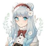  1girl animal_ears arknights bear_ears bear_girl braid close-up eyebrows_visible_through_hair flower frilled_hairband frills hair_flower hair_ornament hairband highres istina_(arknights) istina_(bibliosmia)_(arknights) light_blue_eyes light_blue_hair looking_at_viewer monocle nekonomi official_alternate_costume red_hairband shirt solo sparkling_eyes white_background white_flower white_shirt 