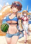  1boy 2girls ahoge bag beach bikini blue_bikini blue_shorts breasts brown_hair eyewear_removed food fruit fuwa_akira green_eyes hanashiro_yuuka holding holding_bag large_breasts long_hair looking_at_viewer multiple_girls navel ocean open_mouth original outdoors red_bikini sand short_hair short_shorts shorts smile straw_hay sunglasses swimsuit tokuno_yuika walking watermelon 