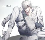  1boy black_eyes colored_skin feet_out_of_frame hair_over_one_eye harness hataraku_saibou highres jacket looking_at_viewer male_cleavage male_focus open_clothes open_jacket pants shoelaces shoes_removed short_hair silver_hair sitting socks solo spread_legs tsunami_(sorudora) u-1146 white_blood_cell_(hataraku_saibou) white_jacket white_pants white_skin 