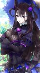  1girl amethyst_(gemstone) bangs black_dress breasts brown_hair double_bun dress fate/grand_order fate_(series) hair_ornament juliet_sleeves large_breasts long_hair long_sleeves looking_at_viewer murasaki_shikibu_(fate) parted_lips puff_and_slash_sleeves puffy_sleeves sasakuma_kyouta solo two_side_up umbrella very_long_hair violet_eyes wide_sleeves 