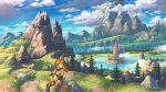  1girl artist_name backpack bag bangs blue_eyes blue_sky breasts bridge brown_pants building clouds cloudy_sky facing_viewer fantasy field floating_hair flower flower_field fog gloves grass highres holding holding_stick lake long_hair looking_to_the_side mountain mountainous_horizon nagi_itsuki on_rock orange_hair original pants petals pink_flower pointy_ears ponytail reflective_water scenery shirt sitting sky solo stick trail tree water wide_shot yellow_gloves yellow_shirt 