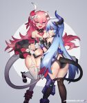  2girls :d alternate_eye_color ass back bangs bare_shoulders black_gloves black_legwear blue_eyes blue_hair breasts closed_mouth gloves grey_background hair_between_eyes hair_ornament holding_hands honkai_(series) honkai_impact_3rd horns liliya_olenyeva long_hair looking_at_viewer multiple_girls navel open_mouth pink_eyes pink_hair rozaliya_olenyeva siblings single_horn small_breasts smile tail thigh-highs twins two-tone_background white_background white_gloves white_legwear wu-qiao 