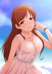  1girl brown_eyes brown_hair commentary_request dress hand_up idolmaster idolmaster_cinderella_girls long_hair looking_at_viewer nitta_minami off-shoulder_dress off_shoulder open_mouth sakaki_imasato smile solo upper_body watch watch white_dress 