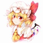  1girl bangs blonde_hair blush bow closed_mouth collar crystal diamond_(gemstone) dress earrings eyebrows_visible_through_hair eyes_visible_through_hair flandre_scarlet gem hair_between_eyes hat hat_bow highres jewelry looking_at_viewer marukyuu_ameya mob_cap multicolored multicolored_wings ponytail puffy_short_sleeves puffy_sleeves red_bow red_dress red_eyes short_hair short_sleeves simple_background solo touhou upper_body white_background white_collar white_headwear white_sleeves wings yellow_neckwear 