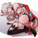  1girl bdsm black_gloves blush bondage bound clenched_teeth eyebrows_visible_through_hair fu_hua fu_hua_(phoenix) gloves hair_between_eyes hair_ornament honkai_(series) honkai_impact_3rd long_hair lying negom on_side one_eye_closed red_eyes red_rope redhead restrained rope shibari shibari_over_clothes simple_background slap_mark solo sweat teeth thighs white_background white_hair 