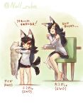  +_+ :3 animal animal_ears black_hair black_shorts cat chair cup highres holding holding_animal holding_cat hololive motion_lines mug multicolored_hair null_suke ookami_mio open_mouth orange_eyes redhead short_shorts shorts sitting smile streaked_hair sweatdrop tail tail_wagging translation_request two-tone_hair wolf_ears wolf_girl wolf_tail 