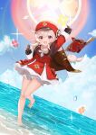  1girl :d ahoge arin_(1010_ssu) arm_up backpack bag bag_charm bangs barefoot beach bloomers blue_sky book brown_gloves brown_scarf cabbie_hat charm_(object) clouds cloudy_sky clover_print coat commentary_request dodoco_(genshin_impact) eyebrows_visible_through_hair floating floating_object genshin_impact gloves hair_between_eyes hat hat_feather hat_ornament highres horizon in_water klee_(genshin_impact) long_hair long_sleeves looking_at_viewer low_twintails ocean open_mouth pocket pointy_ears randoseru red_coat red_headwear scarf sidelocks sky smile solo standing standing_on_one_leg toes twintails underwear 