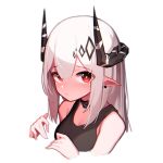  1girl absurdres arknights bare_shoulders beudelb black_horns ear_piercing eyebrows_visible_through_hair frown highres horns infection_monitor_(arknights) long_hair looking_at_viewer mudrock_(arknights) piercing pointy_ears red_eyes silver_hair simple_background solo sports_bra white_background 