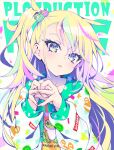  1girl blonde_hair collarbone frog_hair_ornament green_eyes hair_ornament hands_together hood jacket kubota_masaki one_side_up original solo star_(symbol) star_print 