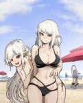  absurdres beach beach_towel beach_umbrella blue_sky clouds cloudy_sky highres long_hair multiple_girls ocean original outdoors pointy_ears red_eyes rusellunt sand sky swimsuit tagme towel umbrella vampire vampire&#039;s_sister_(gogalking) vampire_(gogalking) white_hair 