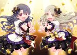  2girls :d bangs black_footwear black_hair black_skirt black_vest blurry blurry_background boots brown_eyes center_frills commentary_request confetti depth_of_field eyebrows_visible_through_hair feet_out_of_frame frills grey_hair hair_between_eyes hair_ornament handa_roko highres idolmaster idolmaster_million_live! idolmaster_million_live!_theater_days jacket multiple_girls open_mouth outstretched_arm parted_bangs pleated_skirt puffy_short_sleeves puffy_sleeves sansei_rain shirt short_sleeves skirt smile standing standing_on_one_leg star_(symbol) star_hair_ornament takayama_sayoko v vest violet_eyes white_jacket white_shirt wrist_cuffs 