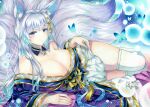  1girl absurdres animal_ear_fluff animal_ears azur_lane blue_butterfly breasts bug butterfly clothes_pull collarbone eyebrows_visible_through_hair fox_ears fox_tail grey_eyes highres huge_breasts insect japanese_clothes kimono kitsune long_hair looking_at_viewer multiple_tails off-shoulder_kimono pleated_skirt purple_kimono shinano_(azur_lane) signature silver_hair skindentation skirt skirt_pull solo tail thigh-highs thighs traditional_media whipberry white_legwear white_skirt wide_sleeves 