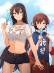  2girls alternate_costume black_hair black_shorts blue_shirt breasts brown_hair clouds food highres holding holding_food kantai_collection kasumi_(skchkko) large_breasts long_hair midriff multiple_girls nagato_(kancolle) orange_eyes popsicle red_eyes shirt short_shorts short_sleeves shorts souya_(kancolle) tied_shirt white_shrit 