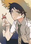  1boy :o animal_on_finger animal_on_hand bangs black_hair black_pants blush brown_eyes brown_hair collared_shirt commentary_request crab dangan_ronpa_(series) dangan_ronpa_2:_goodbye_despair green_neckwear hat highres hinata_hajime kochi_(wwwkyck) looking_at_viewer male_focus necktie pants shirt short_sleeves simple_background sitting solo straw_hat upper_body white_shirt 