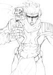  2boys armor chibi cigarette gakuran jojo_no_kimyou_na_bouken kujo_jotaro loincloth long_coat miniboy monochrome multiple_boys muscular muscular_male pauldrons school_uniform shoulder_armor smoking stand_(jojo) star_platinum stardust_crusaders tiara yway1101 