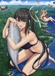  6+girls animal barefoot bikini black_hair blush breasts brown_hair character_request clouds day fish giant giantess hair_ribbon highres holding holding_animal holding_fish ichikawa_feesu kantai_collection kiso_(kancolle) kumano_(kancolle) large_breasts long_hair lying map medium_breasts multiple_girls nachi_(kancolle) on_back open_mouth outdoors ponytail red_bikini ribbon side_ponytail sitting sky smile sweat swimsuit tagme v watercraft whale yahagi_(kancolle) yamato_(kancolle) 