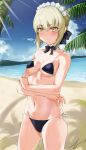  1girl absurdres artoria_pendragon_(all) artoria_pendragon_(alter_swimsuit_rider)_(fate) beach bikini black_bikini black_ribbon blonde_hair blue_sky braid breasts choker day error1945 fate/grand_order fate_(series) french_braid frilled_choker frills hair_bun hair_ribbon highres maid_bikini maid_headdress navel outdoors palm_tree ribbon side-tie_bikini sky small_breasts solo swimsuit tree yellow_eyes 