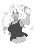  1girl :d absurdres breasts dark-skinned_female dark_skin dumbbell dumbbell_nan_kilo_moteru? dyun fang greyscale hair_between_eyes highres long_hair medium_breasts monochrome navel open_mouth sakura_hibiki simple_background smile solo twintails upper_body white_background 