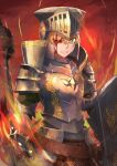  1girl absurdres armor blonde_hair blood blood_on_face clenched_teeth fate/grand_order fate_(series) fire full_armor gareth_(fate) green_eyes hakohako-does helmet highres holding holding_shield holding_weapon huge_filesize lance one_eye_closed polearm shield teeth weapon 