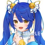  1girl :d amamiya_kokoro bell blue_hair blush fang fangs hair_bell hair_ornament index_finger_raised inuyama_nanami jingle_bell long_hair looking_at_viewer nijisanji open_mouth simple_background skin_fang skin_fangs smile solo twintails upper_body virtual_youtuber watermark white_background yellow_eyes 