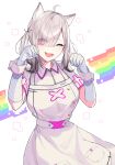  1girl :3 absurdres animal_ears cat_ears clenched_hands collared_shirt dress eye_piercing fang gloves grey_dress hair_over_one_eye highres medium_hair namiura nijisanji one_eye_closed open_mouth rainbow shirt silver_hair smile solo sukoya_kana twintails virtual_youtuber white_gloves white_shirt wrist_cuffs 