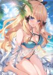  1girl absurdres bangs beach bikini bikini_under_clothes black_bow blonde_hair blue_eyes blue_sky blush bow breasts clouds day elf eyebrows_visible_through_hair flower hair_bow hair_ornament hair_up highres horizon large_breasts long_hair looking_at_viewer navel open_mouth outdoors palm_tree pointy_ears ponytail princess_connect! sand saren_(princess_connect!) see-through shanguier sky solo swimsuit tree water wet 